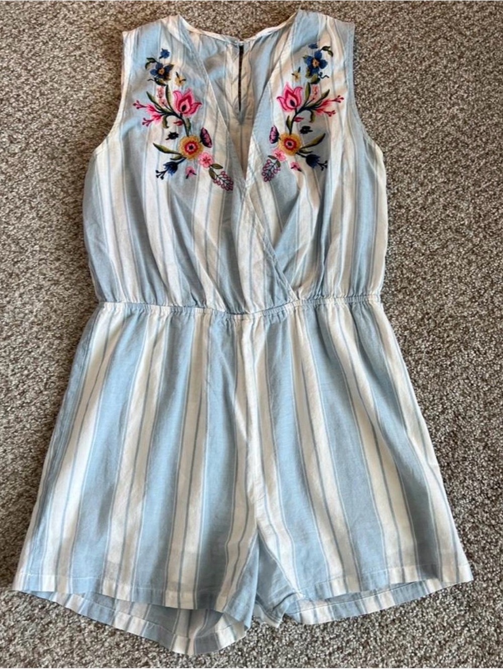 Blu Pepper Light Blue and White Striped Embroidered Romper